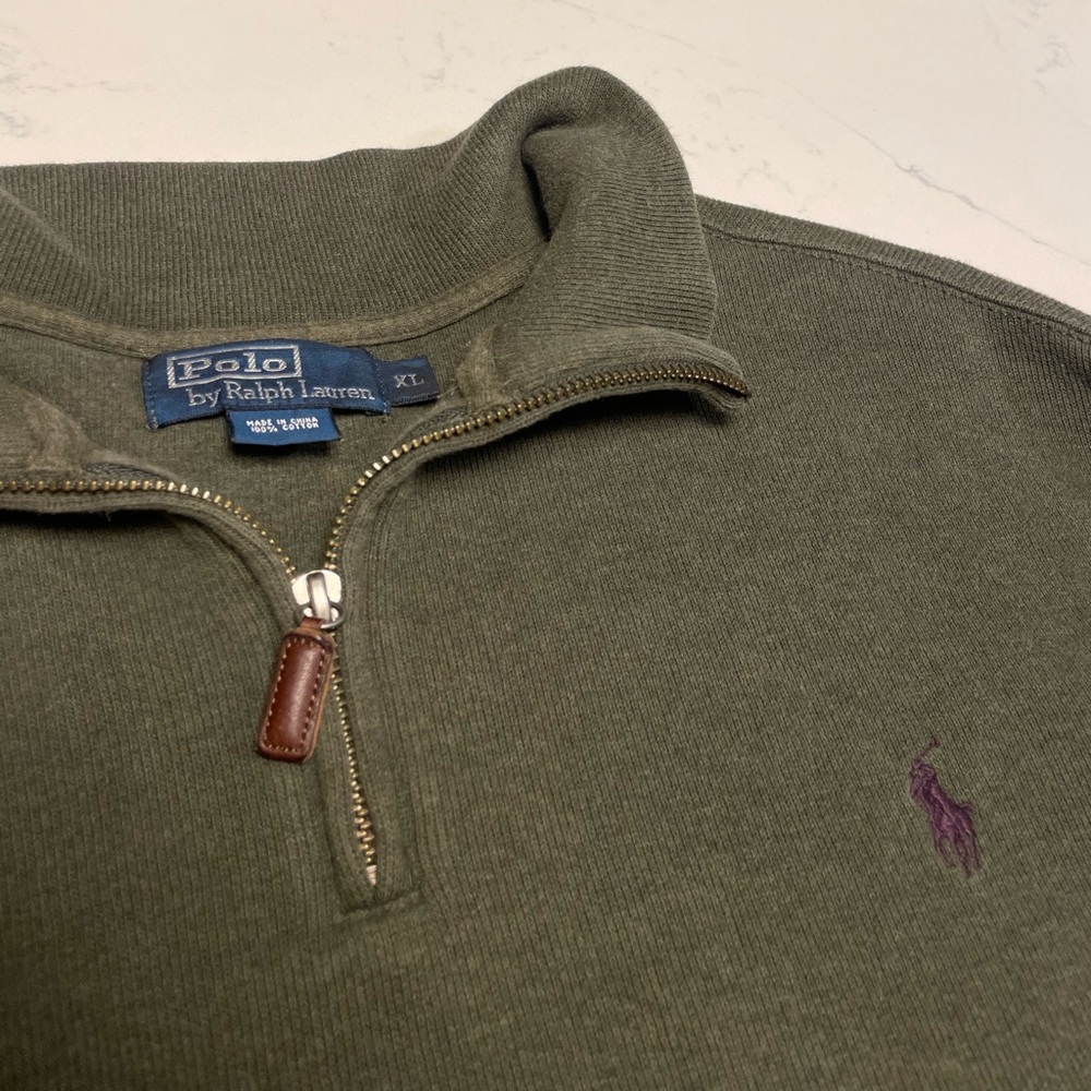 VTG Polo Ralph Lauren Forest Green Quarter Zip Sweater Rib Knit XL